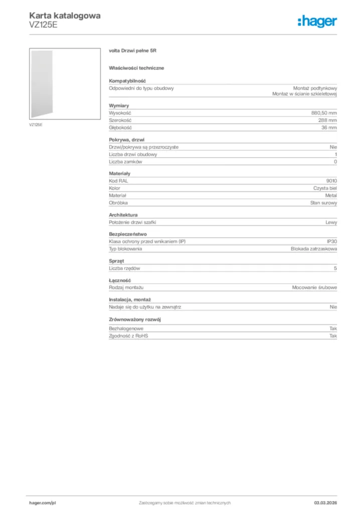 Zdjęcie Hager Karta katalogowa VZ125E | Hager Polska