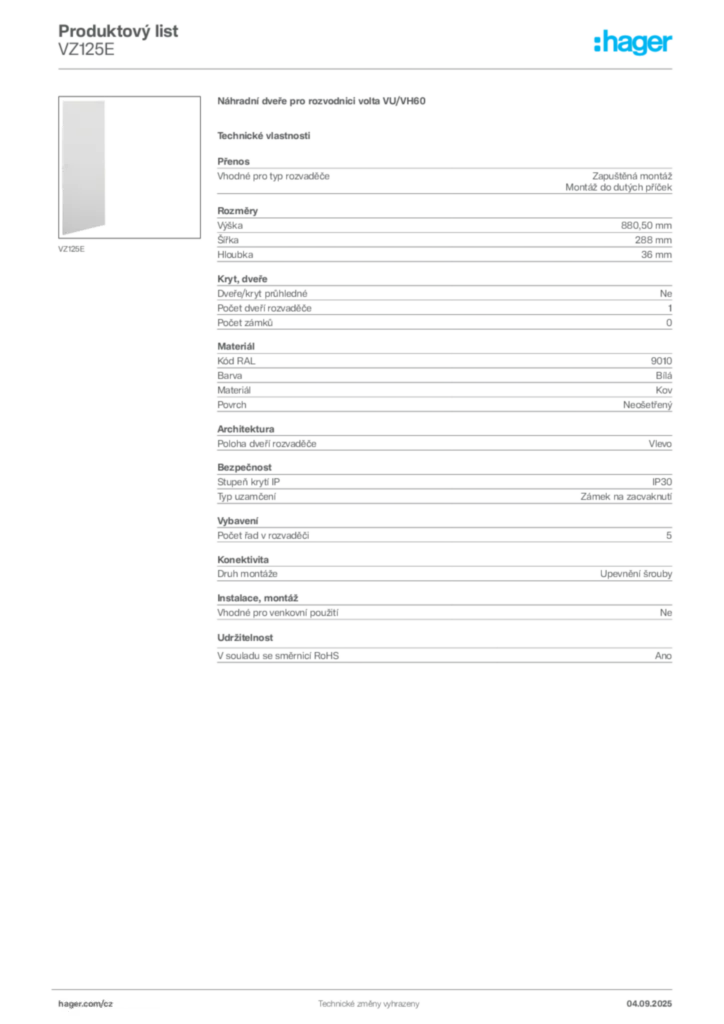 Obrázek Hager Produktový list VZ125E | Hager