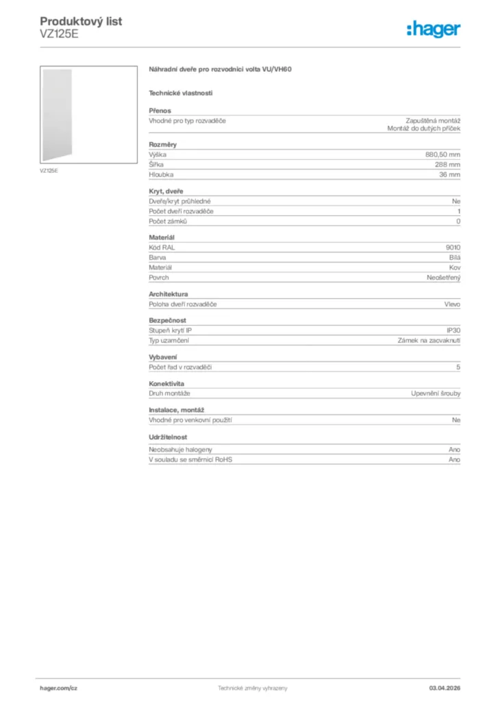 Obrázek Hager Product data sheet VZ125E | Hager