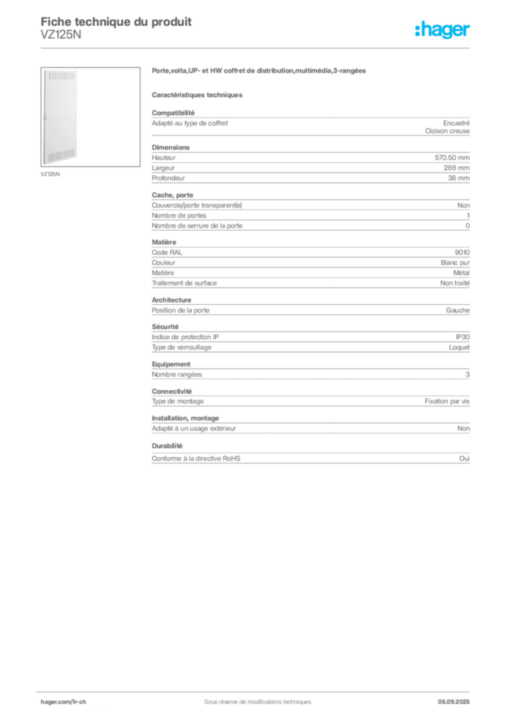 Image Hager Fiche technique du produit VZ125N | Hager Suisse