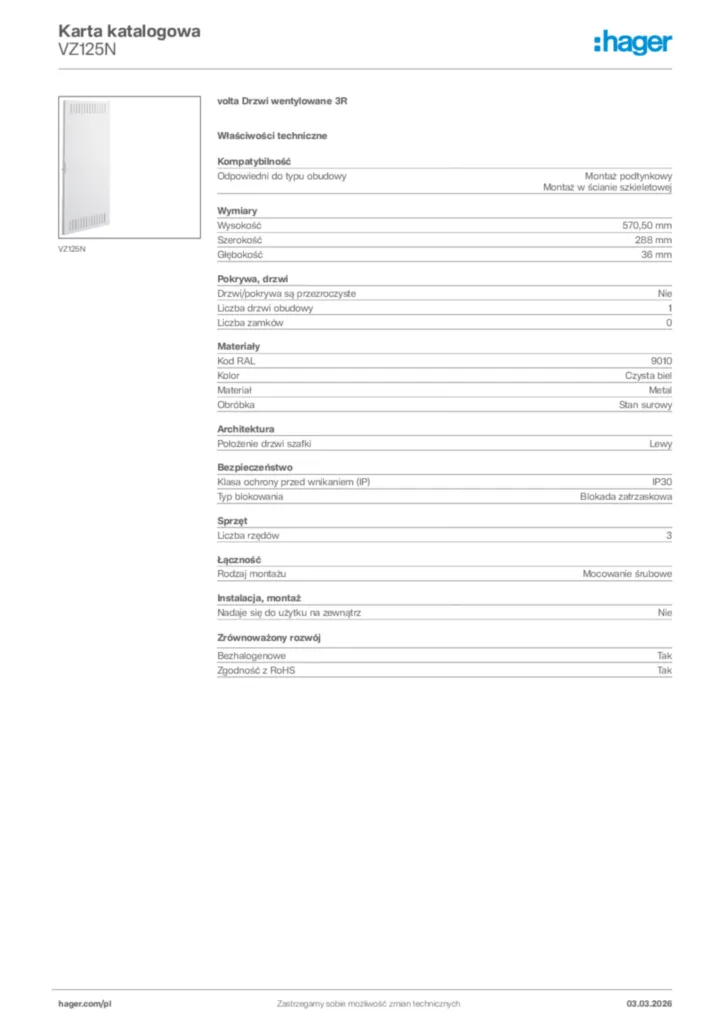 Zdjęcie Hager Karta katalogowa VZ125N | Hager Polska