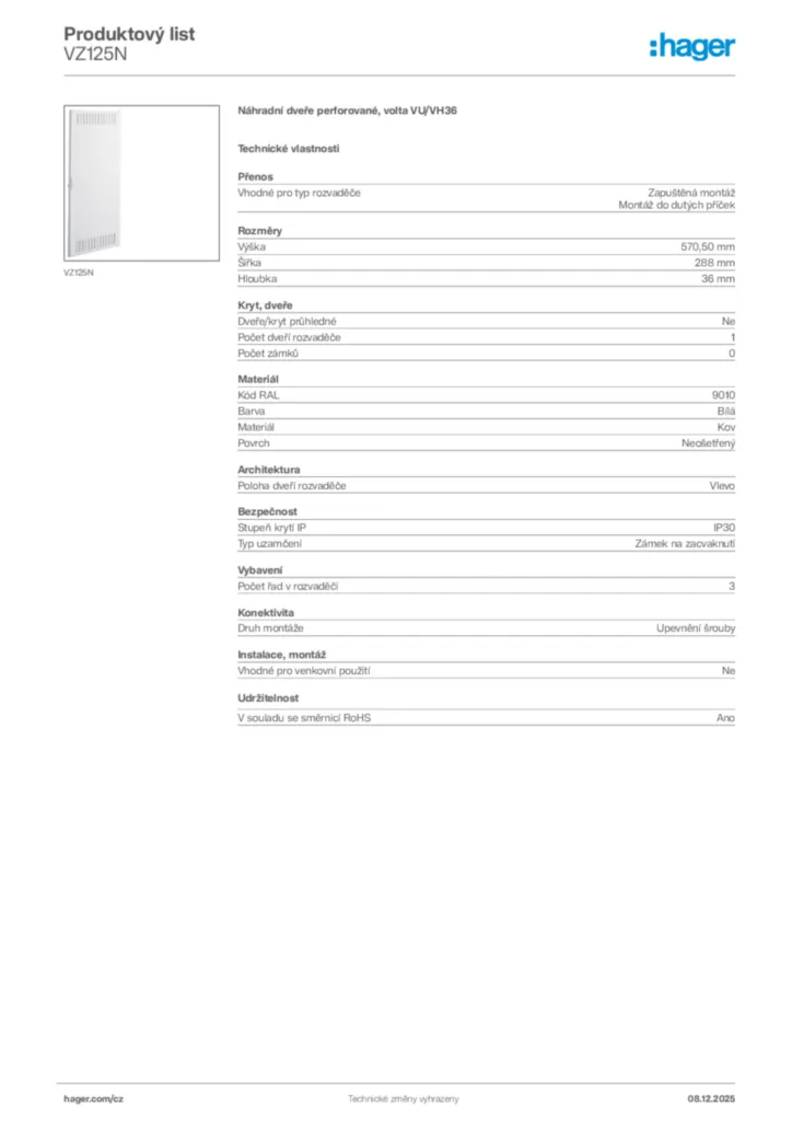 Obrázek Hager Product data sheet VZ125N | Hager