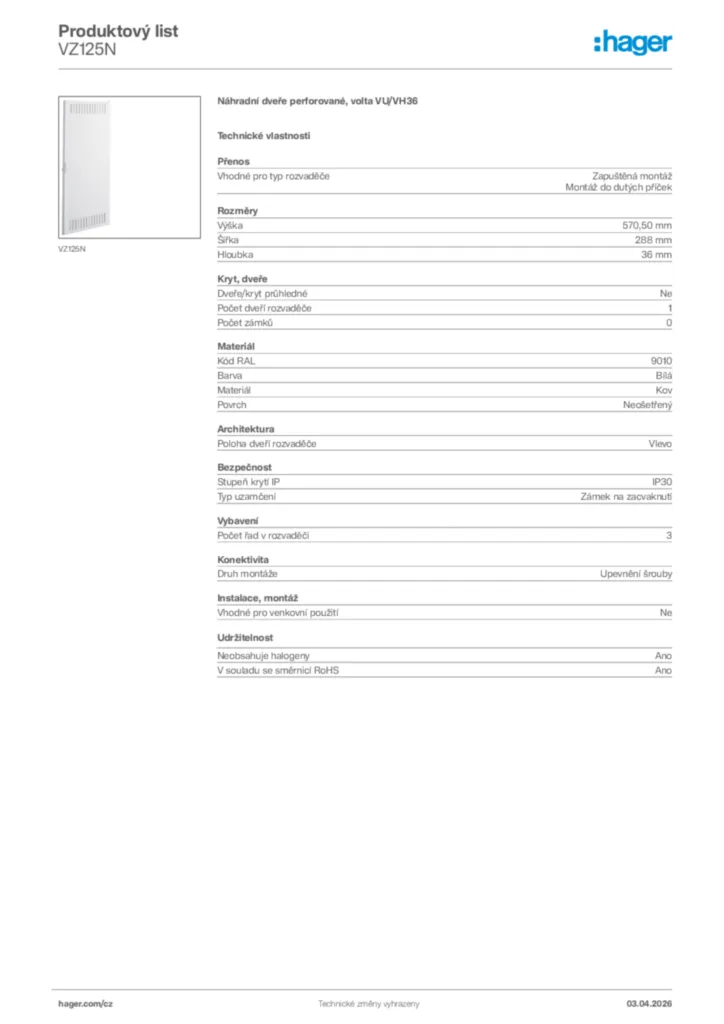 Obrázek Hager Product data sheet VZ125N | Hager