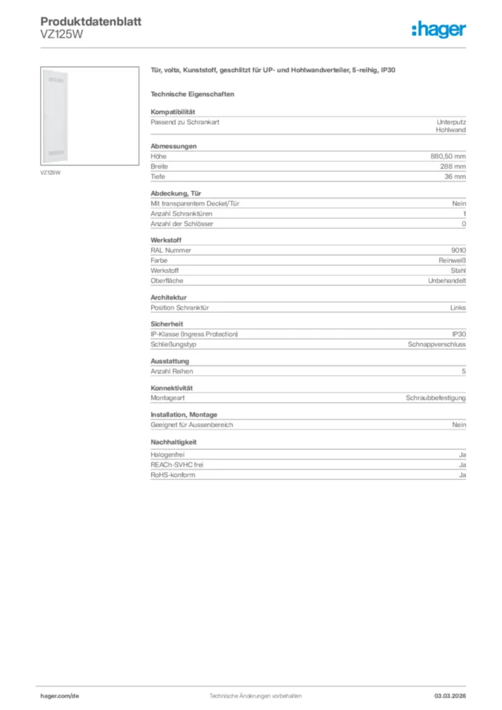 Bild Hager Produktdatenblatt VZ125W | Hager Deutschland