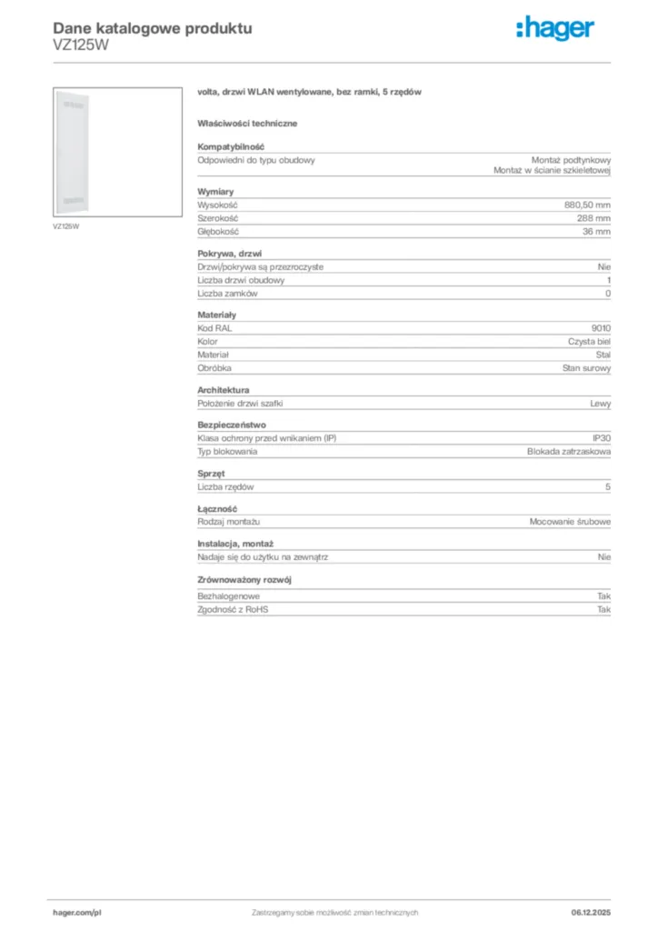 Zdjęcie Hager Karta katalogowa VZ125W | Hager Polska