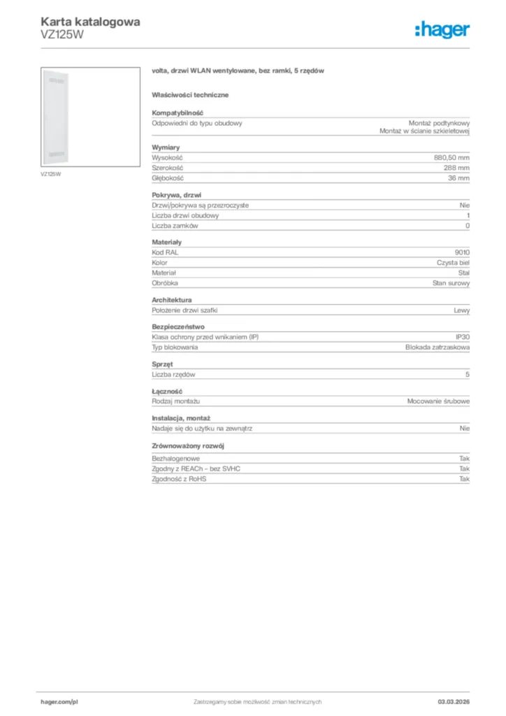 Zdjęcie Hager Karta katalogowa VZ125W | Hager Polska