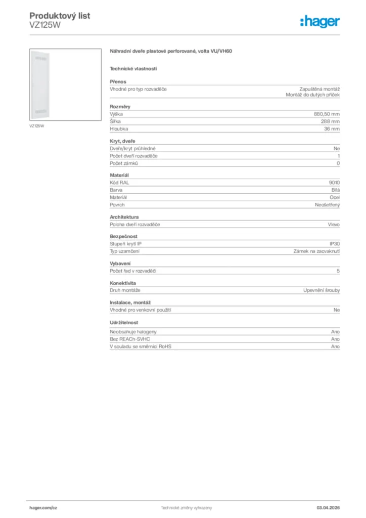 Obrázek Hager Product data sheet VZ125W | Hager