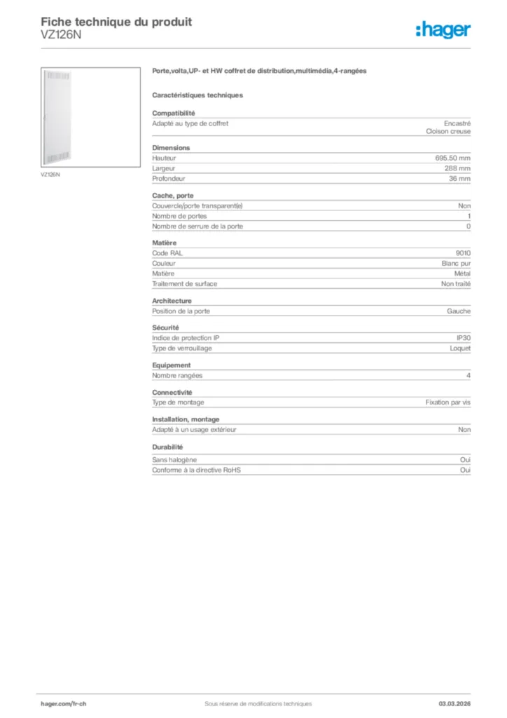 Image Hager Fiche technique du produit VZ126N | Hager Suisse
