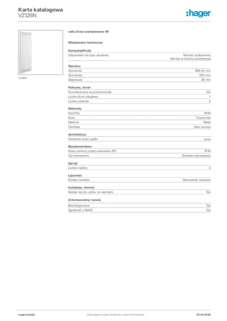 Zdjęcie Hager Karta katalogowa VZ126N | Hager Polska