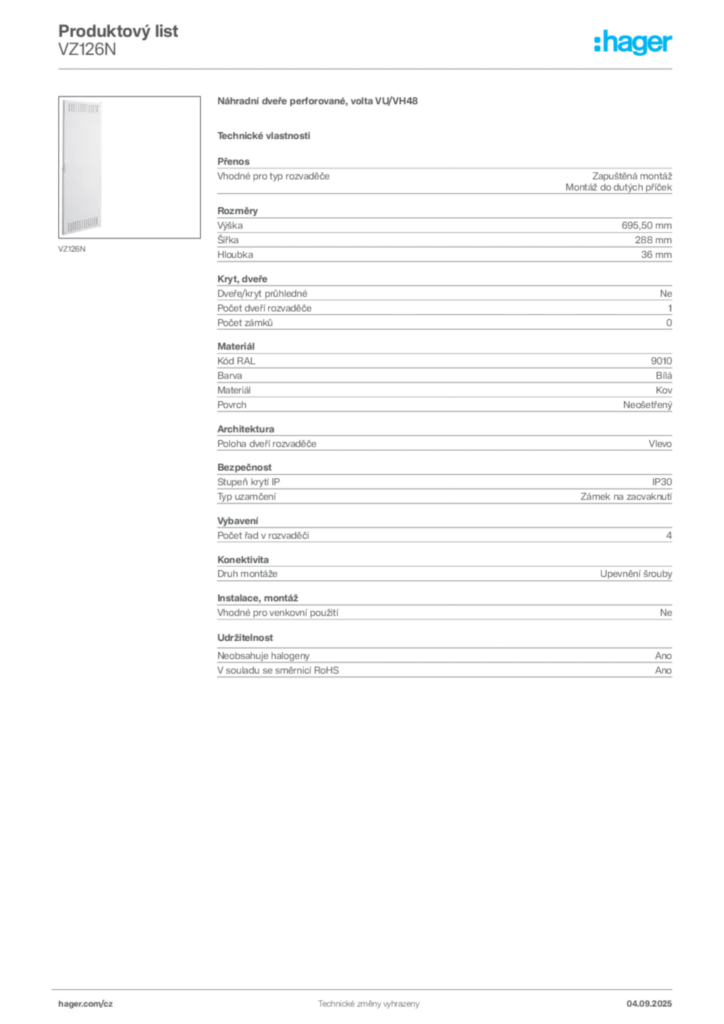 Obrázek Hager Produktový list VZ126N | Hager