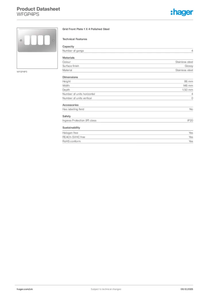 Image Hager Product data sheet WFGP4PS  | Hager