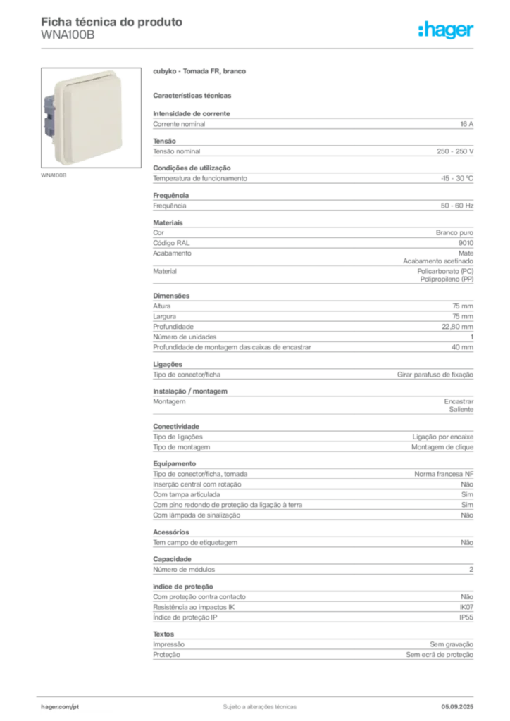 Imagem Hager Ficha técnica do produto WNA100B | Hager Portugal