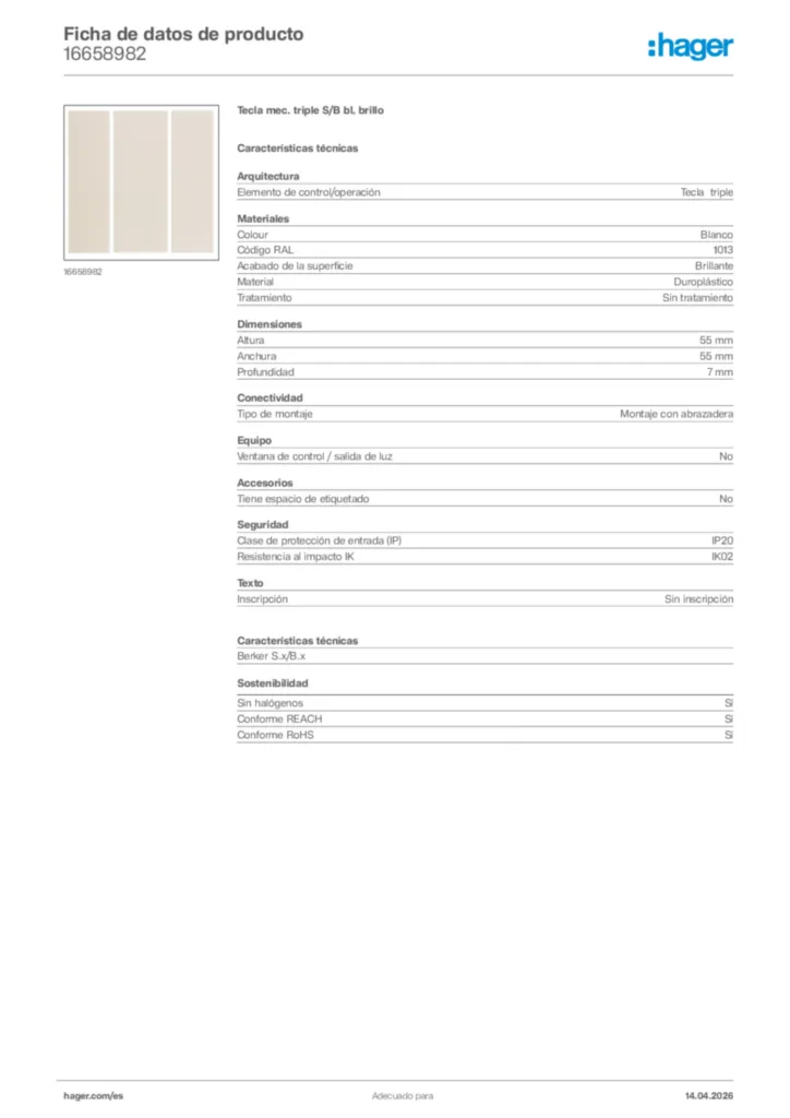 Imagen Hager Ficha de datos de producto 16658982 | Hager España