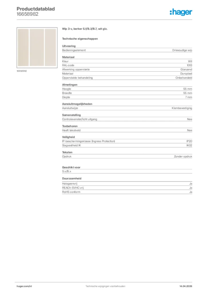 Afbeelding Hager Productdatablad 16658982 | Hager Nederland