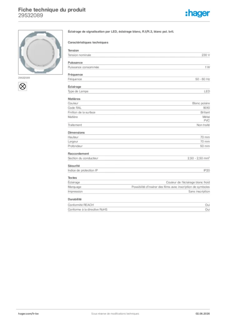 Image Hager Fiche technique du produit 29532089 | Hager Belgique