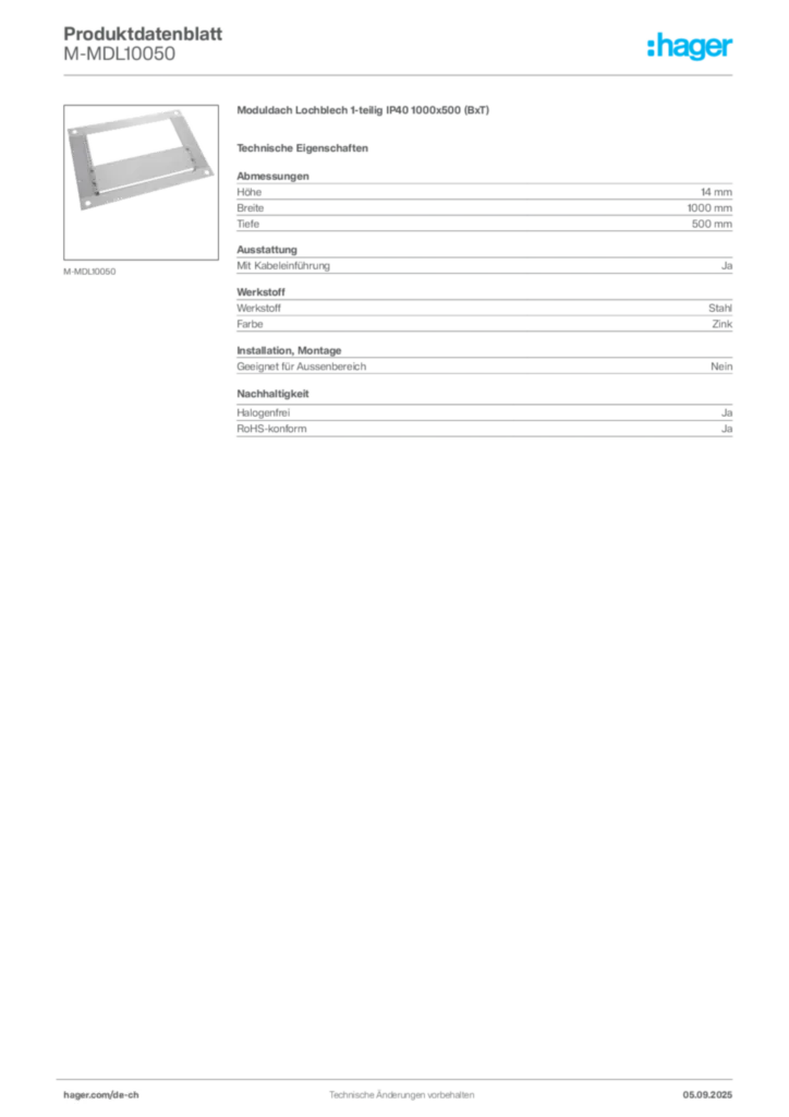 Bild Hager Produktdatenblatt M-MDL10050 | Hager Schweiz