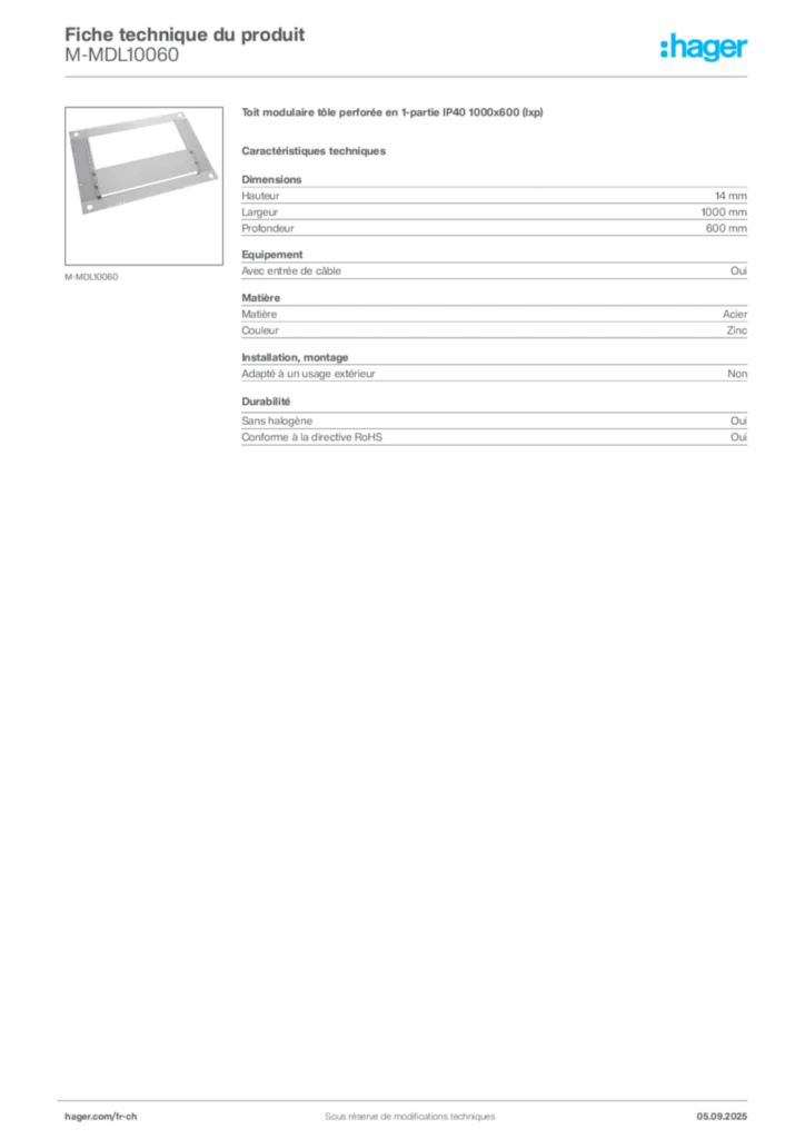 Image Hager Fiche technique du produit M-MDL10060 | Hager Suisse