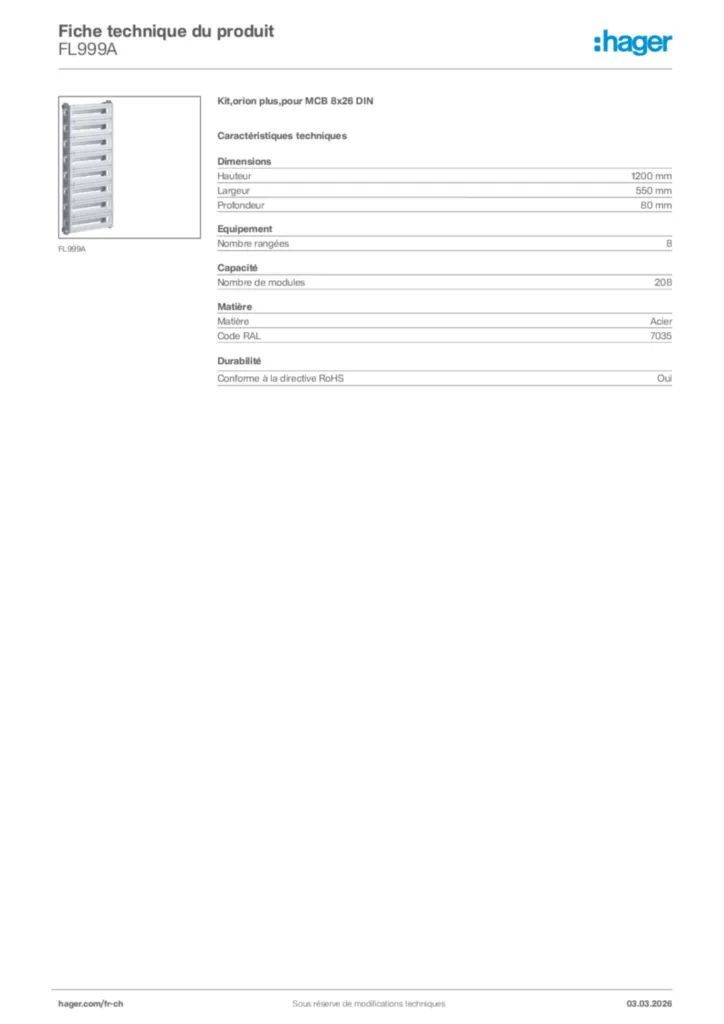 Image Hager Fiche technique du produit FL999A | Hager Suisse