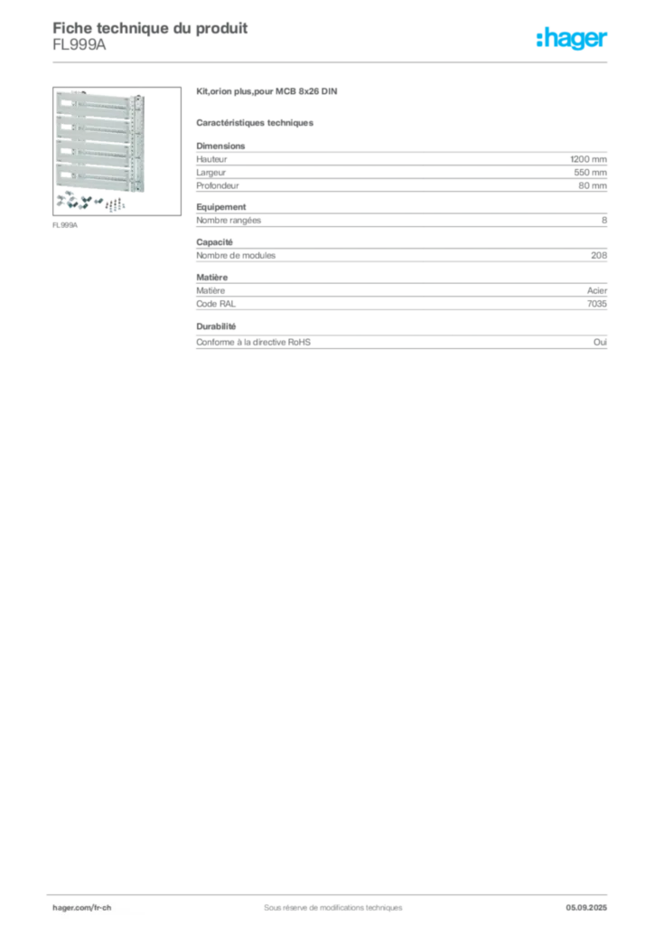 Image Hager Fiche technique du produit FL999A | Hager Suisse