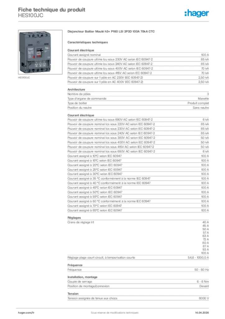 Image Hager Fiche technique du produit HES100JC | Hager France