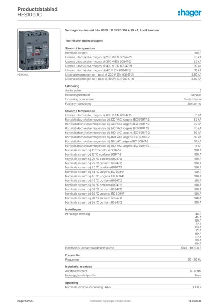 Afbeelding Hager Productdatablad HES100JC | Hager Nederland