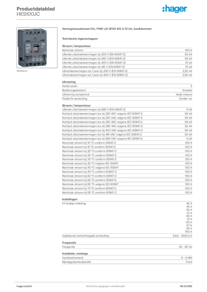 Afbeelding Hager Productdatablad HES100JC | Hager Nederland
