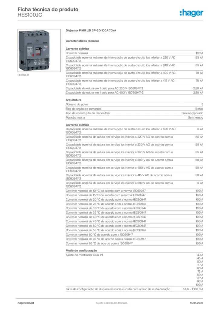 Imagem Hager Ficha técnica do produto HES100JC | Hager Portugal