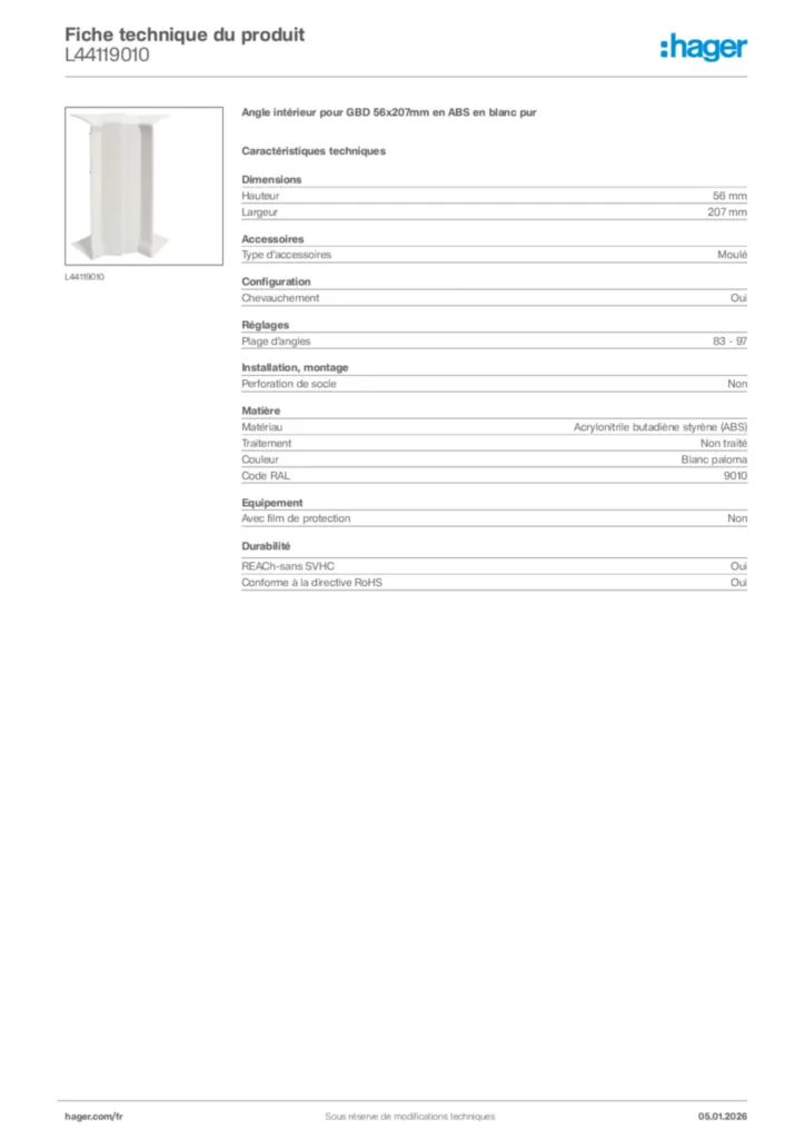 Image Hager Fiche technique du produit L44119010 | Hager France