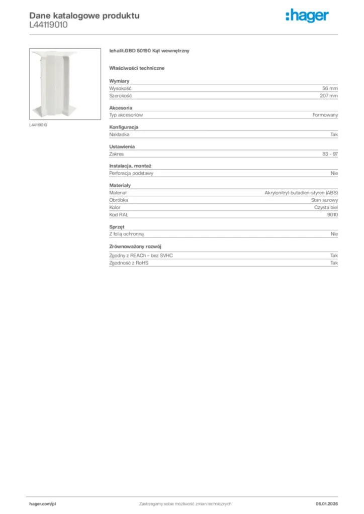Zdjęcie Hager Karta katalogowa L44119010 | Hager Polska