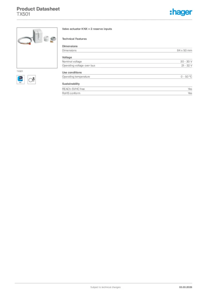 Image Hager Product data sheet TX501  | Hager Africa