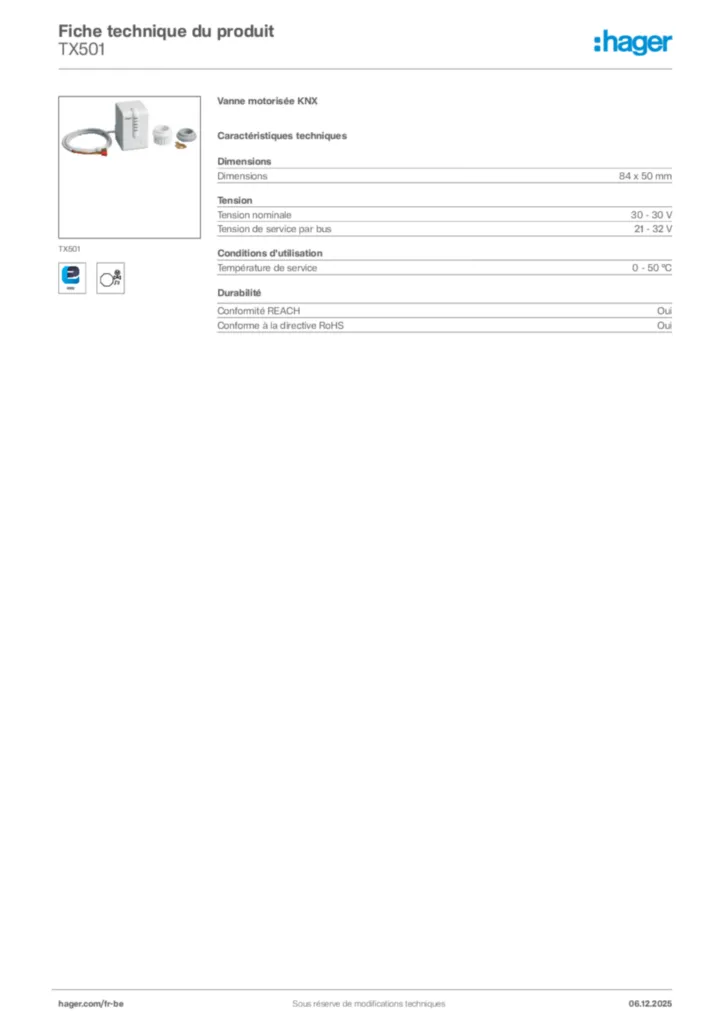 Image Hager Fiche technique du produit TX501 | Hager Belgique