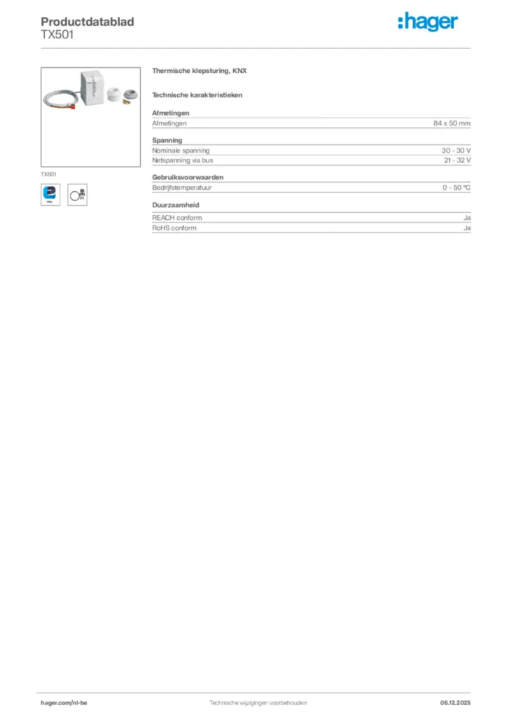 Afbeelding Hager Productdatablad TX501 | Hager Belgium