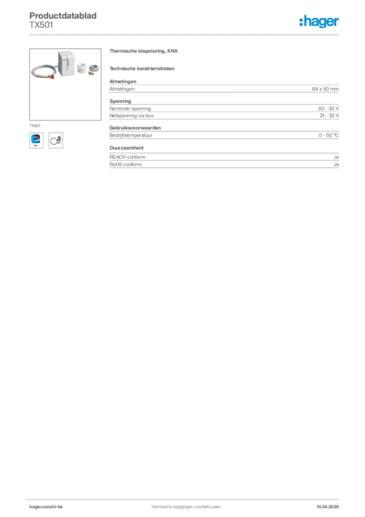 Afbeelding Hager Productdatablad TX501 | Hager Belgium
