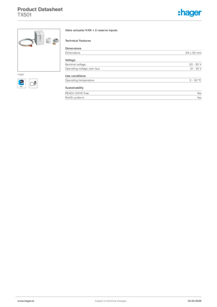 Image Hager Product data sheet TX501  | Hager