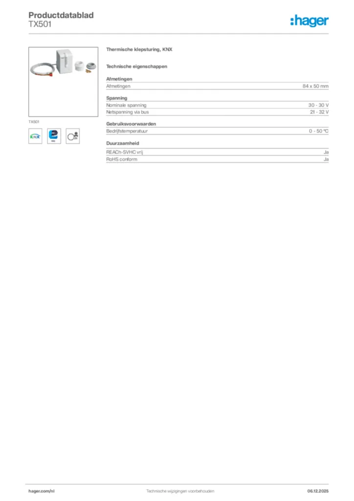 Afbeelding Hager Productdatablad TX501 | Hager Nederland
