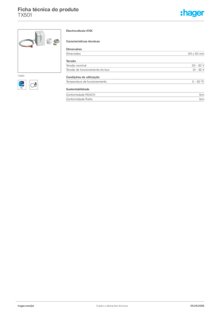 Imagem Hager Ficha técnica do produto TX501 | Hager Portugal