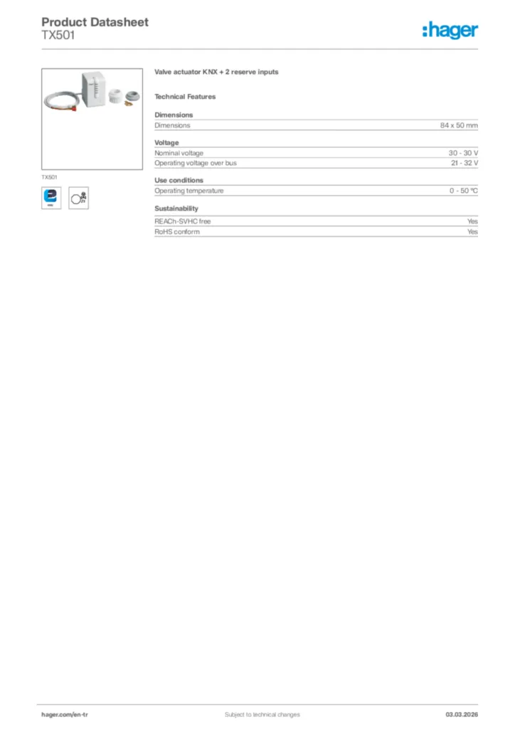 Image Hager Product data sheet TX501  | Hager