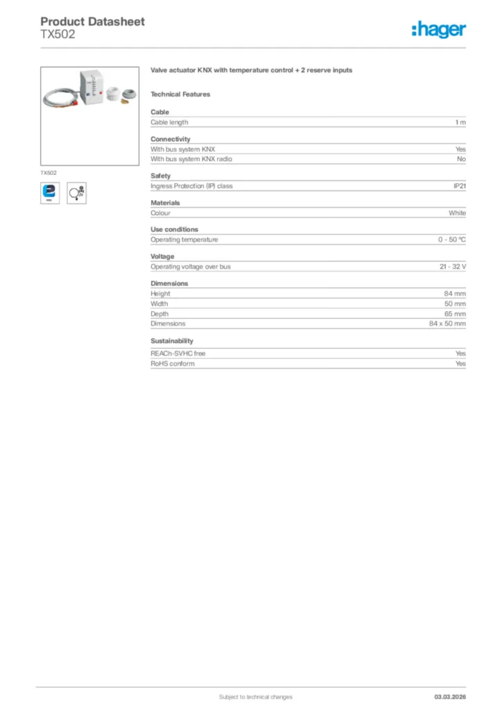 Image Hager Product data sheet TX502  | Hager Africa
