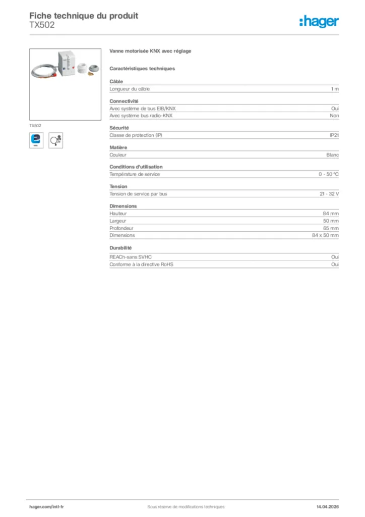 Image Hager Fiche technique du produit TX502 | Hager Afrique