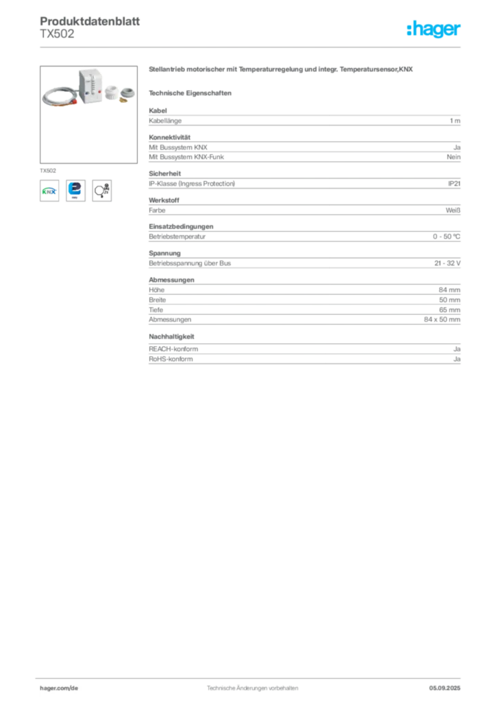 Bild Hager Produktdatenblatt TX502 | Hager Deutschland