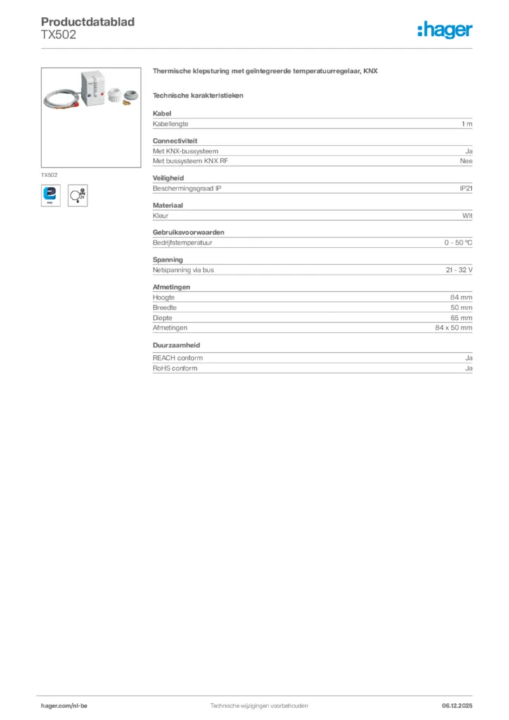 Afbeelding Hager Productdatablad TX502 | Hager Belgium