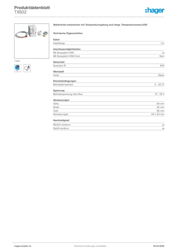 Bild Hager Produktdatenblatt TX502 | Hager Schweiz