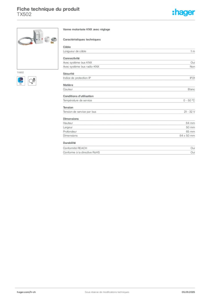 Image Hager Fiche technique du produit TX502 | Hager Suisse