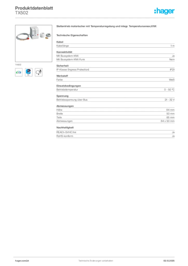 Bild Hager Produktdatenblatt TX502 | Hager Deutschland