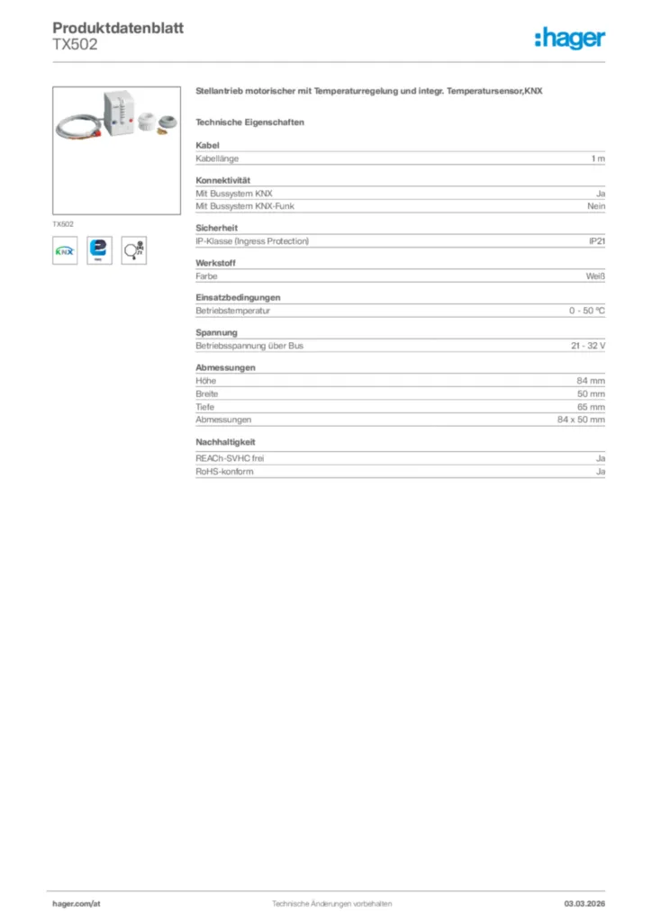 Bild Hager Produktdatenblatt TX502 | Hager Deutschland