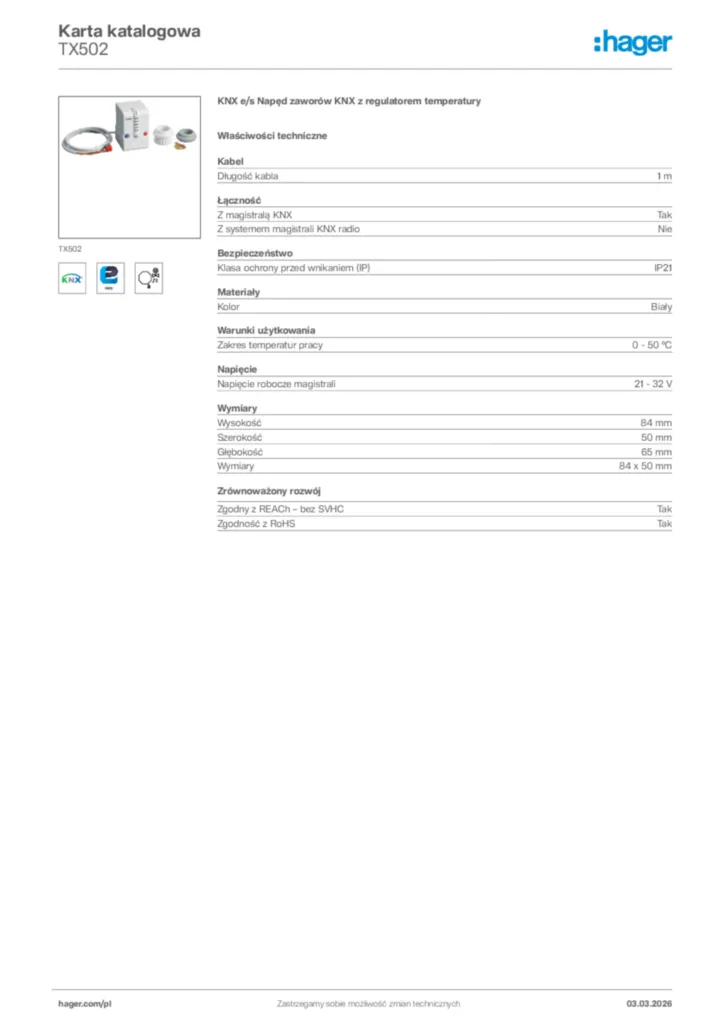 Zdjęcie Hager Karta katalogowa TX502 | Hager Polska