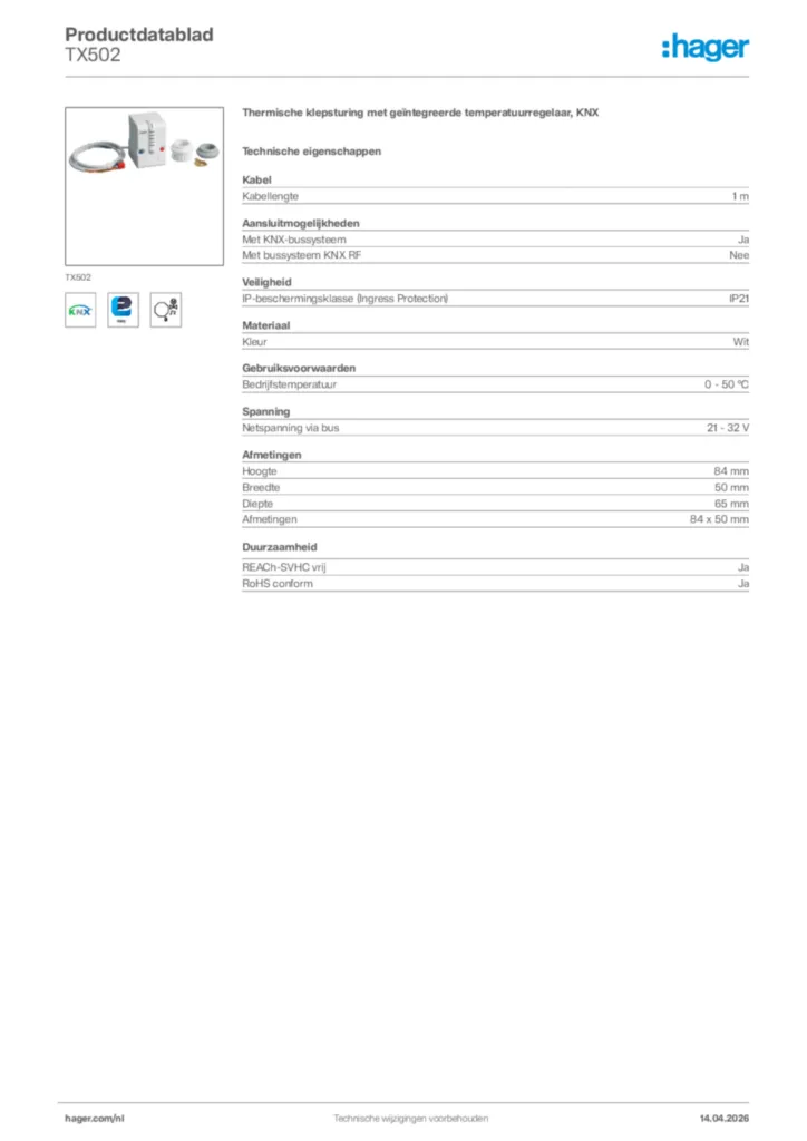 Afbeelding Hager Productdatablad TX502 | Hager Nederland