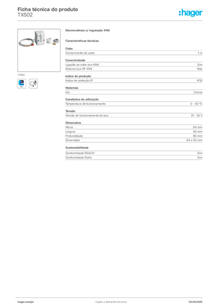 Imagem Hager Ficha técnica do produto TX502 | Hager Portugal