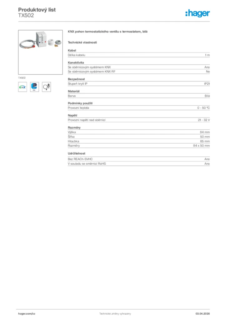 Obrázek Hager Product data sheet TX502 | Hager
