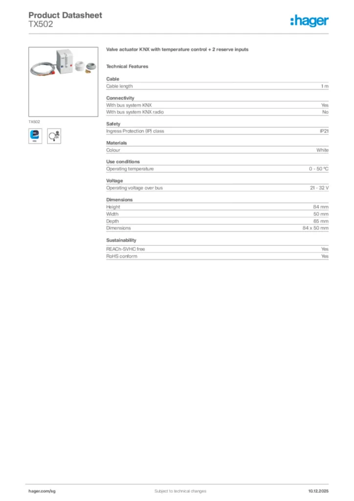 Image Hager Product data sheet TX502  | Hager